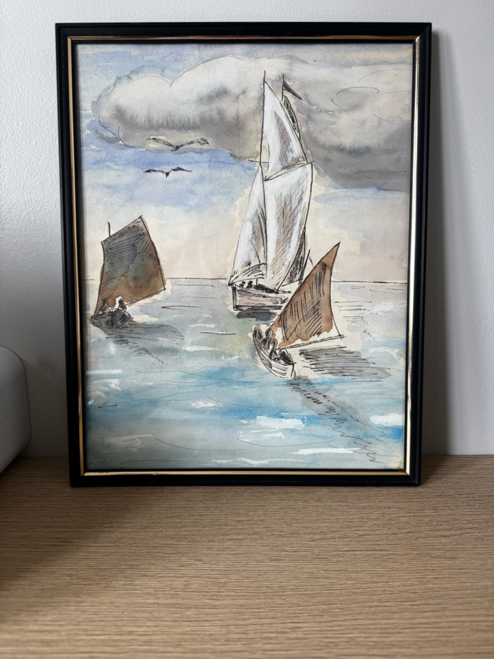 Framed Nautical Sailboat Watercolor and Ink Painting in Blue and Brown